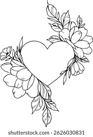 Floral heart shape frame. Decorative frame design with flowers , leaves, and berries. Hand drawn vector illustration.
