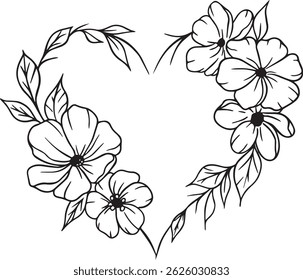 Floral heart shape frame. Decorative frame design with flowers , leaves, and berries. Hand drawn vector illustration.

