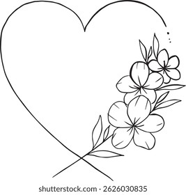 Floral heart shape frame. Decorative frame design with flowers , leaves, and berries. Hand drawn vector illustration.
