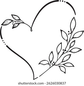 Floral heart shape frame. Decorative frame design with flowers , leaves, and berries. Hand drawn vector illustration.
