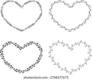 Floral heart shape frame. Decorative frame design with flowers , leaves, and berries. Hand drawn vector illustration. 