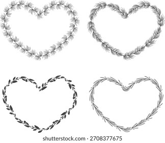Floral heart shape frame. Decorative frame design with flowers , leaves, and berries. Hand drawn vector illustration. 