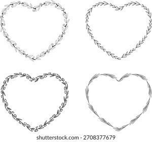 Floral heart shape frame. Decorative frame design with flowers , leaves, and berries. Hand drawn vector illustration. 