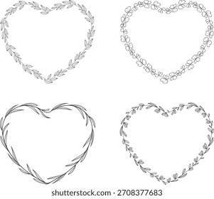 Floral heart shape frame. Decorative frame design with flowers , leaves, and berries. Hand drawn vector illustration. 