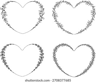 Floral heart shape frame. Decorative frame design with flowers , leaves, and berries. Hand drawn vector illustration. 