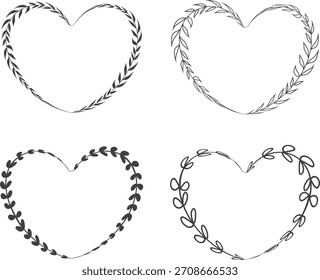 Marco de forma de corazón floral. Diseño de marco decorativo con flores, hojas y bayas. Ilustración vectorial dibujada a mano.