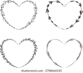 Marco de forma de corazón floral. Diseño de marco decorativo con flores, hojas y bayas. Ilustración vectorial dibujada a mano.