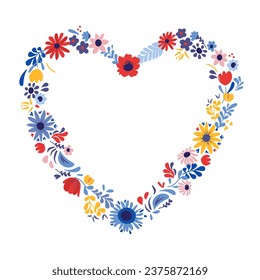 Floral heart shape frame from different flowers and plants with copy space. Mother's day or Valentine's day card. Vector illustration