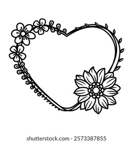 Floral heart shape frame with flowers and leaves. Decorative element for Valentine's Day,  Mother's Day or wedding. Vector silhouette design for invitations, greeting cards, invitations, banners
