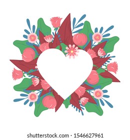 Floral heart shape frame with leaves, tulips and roses. Romantic flower background.