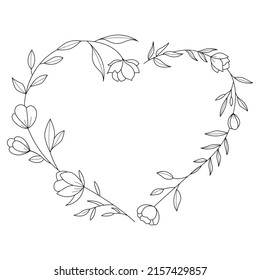 Floral and heart shape hand drawn style. Floral black and white frame of twigs, leaves and flowers. Frames for the Valentine's day, wedding decor, logo and identity template.