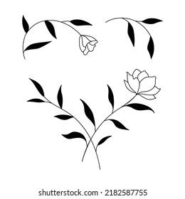 Floral and heart shape hand drawn style. Floral black and white frame of twigs, leaves and flowers. Frames for the Valentine's day, wedding decor, logo and identity template.