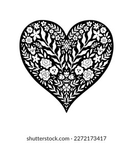 Floral heart shape in linocut style. Flowers decorative love symbol Valentines day. Blossom heart shape with rose, leaf. Vector illustration isolated white background. Cute romantic decor for postcard