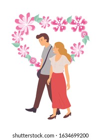 Floral heart shape vector, people cuddling isolated. Flat style couple man and woman spending time together flowers and petals tender love of pair