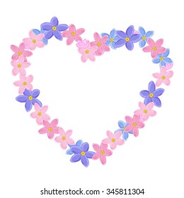 Floral Heart Shape Wreath Made With Forget-me-not. Frame or Border of Flowers  Isolated On White Background. Good For Web, Print, Invitations, Greeting or Save The Date Cards.