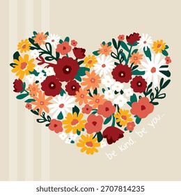 Floral heart shaped collage vector illustration with red, yellow and orange simple painted flowers. Apparel graphic artwork.