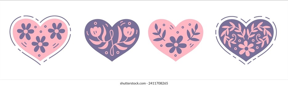 Floral heart shapes doodle set. Cute collection of pink love symbols for Valentines day and Wedding, greeting card, invitation. Vector illustration