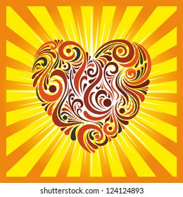 Floral heart with shine yellow background