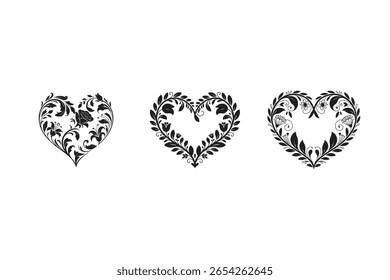 Floral Heart Silhouette Set – Elegant Decorative Love Icons for Wedding, Valentine, and Romantic Designs