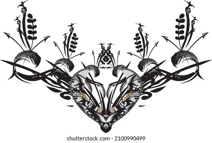 Blumensymbol mit Federelementen auf weißem Hintergrund. Tribal verdrehte Symbol der Liebe für Textilien, Tapete oder Poster, Einladungskarten, Web-Symbole, Logos, Drucke, Stoff, Mode Trends, etc.