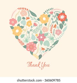 Floral heart. Thank you card with colorful floral heart. Can be used as invitation card for wedding, birthday and summer background