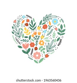 Floral heart vector illustration. Cute flowers heart clipart on white background. Botanical love collection