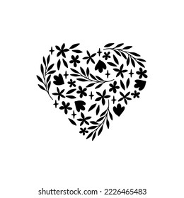 Floral heart vector illustration. Cute hand drawn black composition with flowers, herbs, leaves for Valentine Day, Mothers Day, Womens Day. For card, invitation, print, poster.
