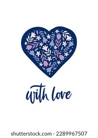 Floral heart vector illustration. Cute hand drawn clipart with flowers, leaves, with love text for celebration Mothers Day holiday, wedding. For thank you card, invitation, sticker, tag.