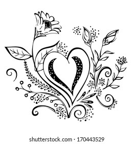 Floral heart vector illustration - isolated heart with ornamental spirals and flowers 