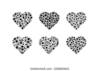 Floral heart vector illustration set. Hand drawn black silhouette with flowers, herbs, leaves for holiday - Valentine Day, Mothers Day, Womens Day. For greeting card, invitation, t shirt print, poster