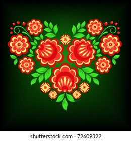 Floral heart / The vector image of heart consisting of red and yellow flowers and green leaves on a dark green background.