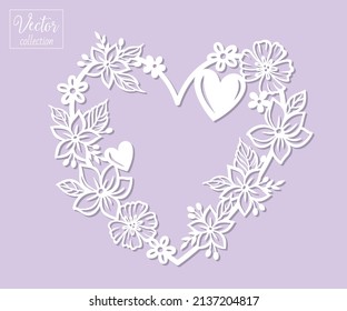 Floral heart. Vector silhouette of a heart with flowers. Botanical romantic illustration. Vector silhouette. Template for laser cut. Papercut template