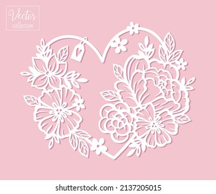 Corazón floral. Silueta vectorial de un corazón con flores. Ilustración botánica romántica. Silhouette vectorial. Plantilla para corte láser. Plantilla de recorte de papel