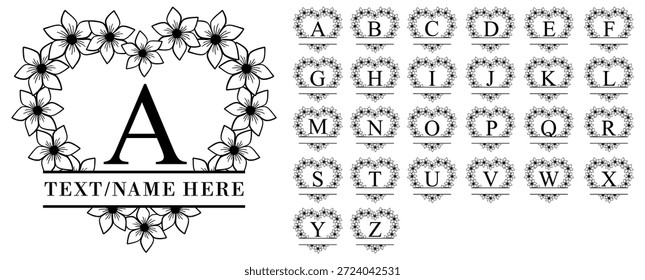 floral heart wreath split monogram alphabet Letters set A-Z