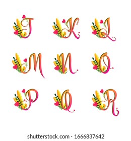 Floral hearts alphabet set. Jklmnopqr gradient letters set. Isolated curly lettering type characters using patterns and flower leaves. Vector illustration font for cards banners tags journals and logo