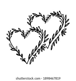 floral hearts centerpiece monochrome botanical romantic graphic vector illustration for card poster web design black linear drawing on white background