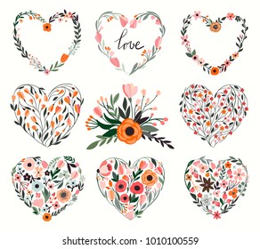 Floral hearts collection, 8 hand drawn decorative hearts for cards and invitations