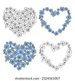 Floral hearts frame with little blue flower for card or invite