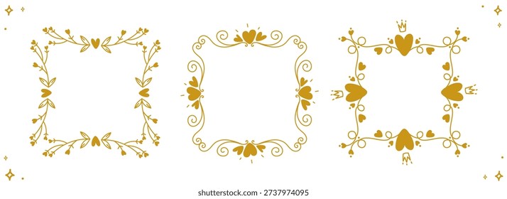 Floral and hearts frame set, hand drawn vintage borders and romantic elements for wedding, greeting card, certificate, logo, branding, packaging, poster, menu cover, and luxury template design. Vector
