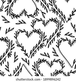 floral hearts monochrome botanical romantic graphic vector seamless pattern black linear drawing on white background