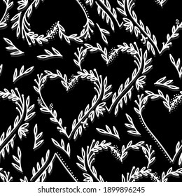 floral hearts monochrome botanical romantic graphic vector seamless pattern white linear drawing on dark background
