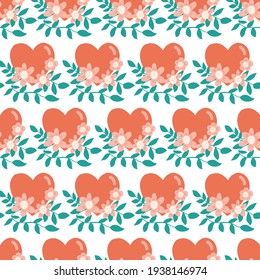 Floral hearts seamless vector pattern. Repeating vector background hand drawn hearts with flowers and branches. Cute illustration for fabric, Valentines, wrapping, surface pattern design.