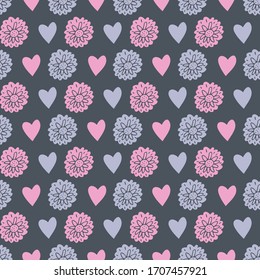 Floral and hearts vector repeat pattern. Pattern for fabric, backgrounds, wrapping, textile, wallpaper, apparel. Vector illustration