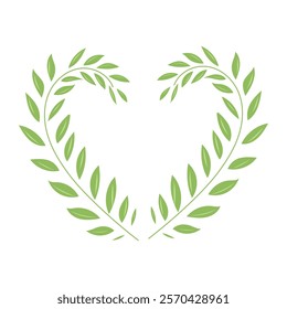 Floral heart-shaped frame. Two branches with leaves in a heart shape isolated on white background. Hand drawn vector illustration in flat style. Happy Valentines day, ecology concept, love planet