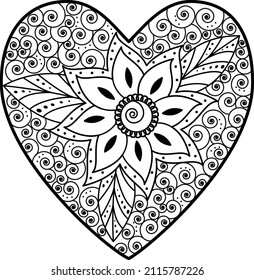 Floral heart-shaped Mehndi pattern for hand drawing and tattooing. Decoration in ethnic oriental, Indian style. Congratulations on Valentine's Day. The page of the coloring book.