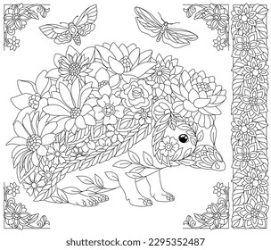 Floral hedgehog. Adult coloring book page with fantasy animal and flower elements