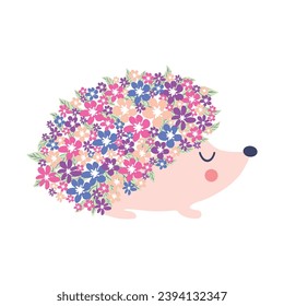 Floral hedgehog with flowers and cute hedgehogs on a white background