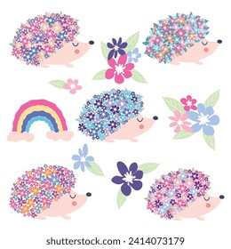 Floral hedgehog set with flowers and cute hedgehogs on a white background