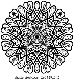 Floral henna or mehndi style mandala design. Decorative pattern in oriental style. Tatoo coloring book page.  