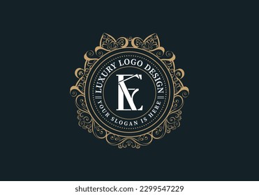 Floral Heraldic or ornamental Luxury circle Logo template ..EF or FE letter logo. Good for Restaurant, Royalty, Boutique, Hotel, Jewelry, Fashion ..original vector illustration..